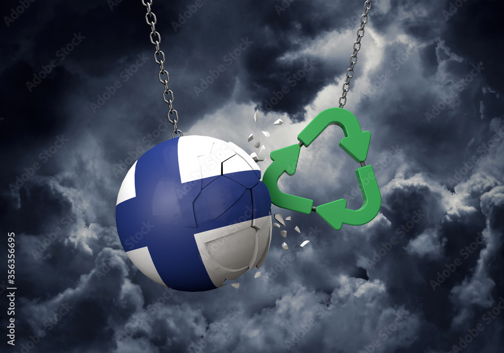 Obraz premium Green recycle symbol crashing into a Finland flag ball. 3D Rendering