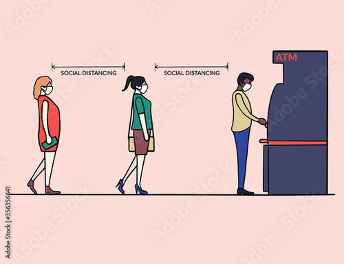 Social distancing. People wear face mask queuing to use ATM with social distance to protect and prevent from covid-19 coronavirus vector illustration.