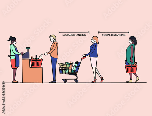 Social distancing at supermarket. People line queue at supermarket and keep a distance from others to prevent and protect from covid-19 coronavirus vector illustration