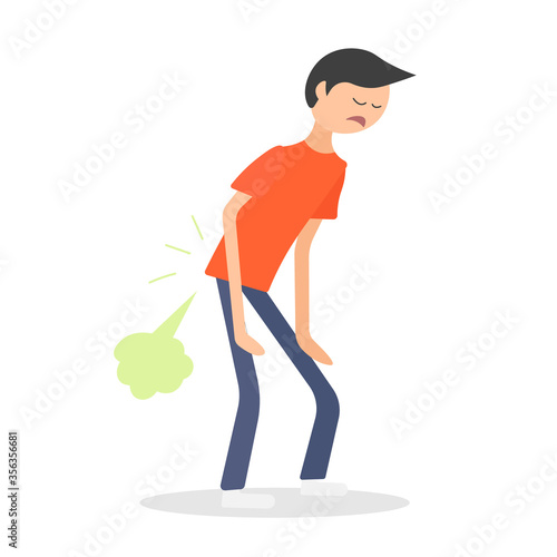 Standing young man relieved of farting. Stinky and smelly fart. Diarrhea medical symptom. Bad smell. Flatulence gas icon. Digestive problem. Health flat vector character illustration.