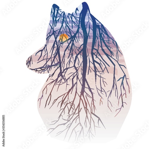 double exposure of wolf and nature