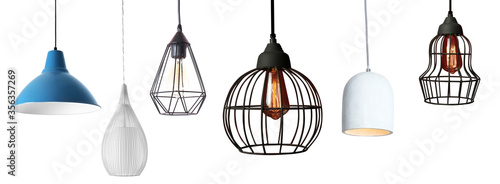Fotografie Set of different modern hanging lamps on white background