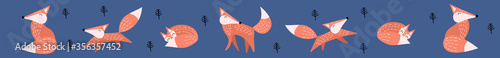 Long web banner with funny cartoon foxes. Social media cover image. Flat vector illustration.