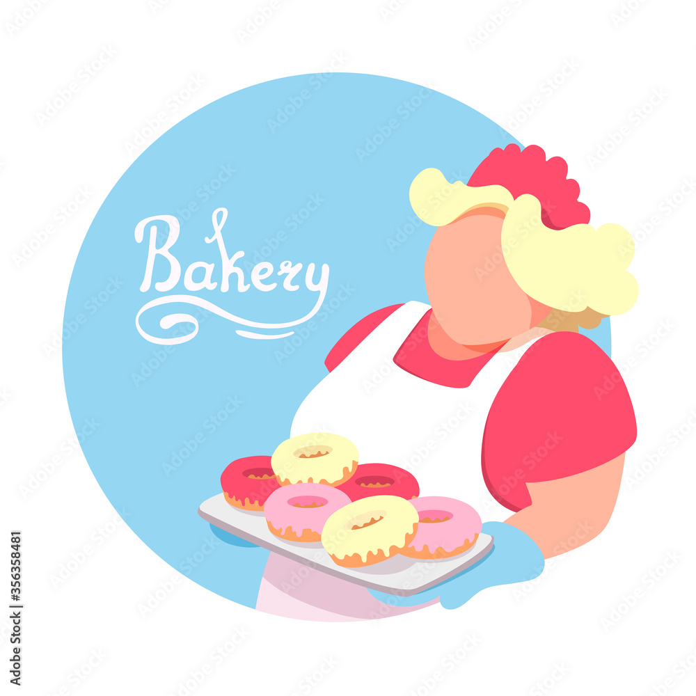 A baker in a white apron without a face holds a tray of fresh colored glazed doughnuts. Handwritten inscription bakery. Woman chef cook with frosted donuts. Confectioner. A baker in a white apron without a face holds a tray of fresh colored glazed doughnuts. Handwritten inscription bakery. Woman chef cook with frosted donuts. Confectioner.