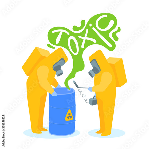 Two workers in protective suits next to a barrel of radioactive waste. A worker holds a radiation meter, a Geiger counter, in his hand. Men in hazmat checking radioactivity of a drum. Word toxic.