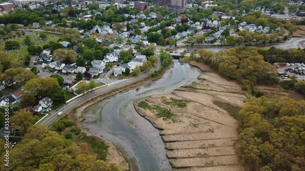 Quincy, Massachusetts. Drone Aerial View of Salt Marsh Estuary and