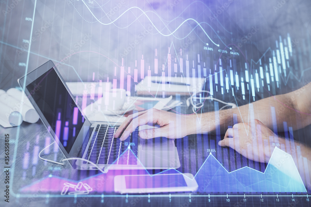 Double exposure of forex chart with man working on computer on background. Concept of market analysis. Double exposure of forex chart with man working on computer on background. Concept of market analysis.