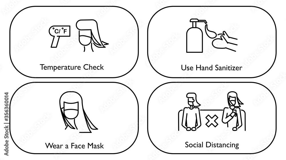 COVID-19 protection policies icon hair salon, shop or store. Female customers concept. Body temperature check, Use hand sanitizer, wear a mask, Keep social distancing. Vector sign and symbol. Line art