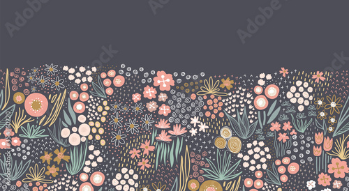 Flower meadow seamless vector border. A lot of florals in pink, gold, white, teal on dark background repeating horizontal pattern. Doodle line art for fabric trim, footer, header, fall autumn decor