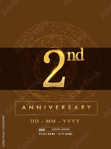 2nd anniversary poster design on golden and elegant background, vector design for anniversary celebration, greeting card and invitation card.