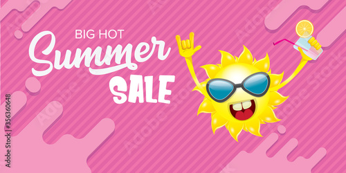 summer sale horizontal web banner or vector label with summer happy sun character wearing sunglasses and holding cocktail isolated on pink horizontal background