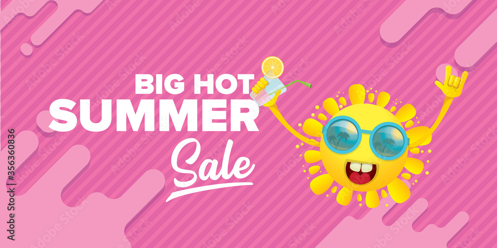 summer sale horizontal web banner or vector label with summer happy sun character wearing sunglasses and holding cocktail isolated on pink horizontal background summer sale horizontal web banner or vector label with summer happy sun character wearing sunglasses and holding cocktail isolated on pink horizontal background