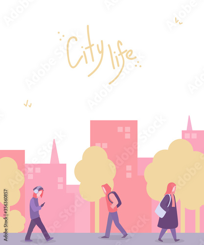 People walk down the street in the background of the autumn city. City life. Pedestrian walking on a background of a town cityscape. Passers going about their business.