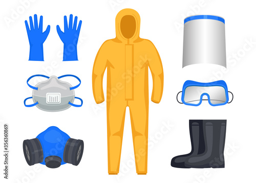 Set of personal protective equipment  for a doctor, healthcare professional. Anti-plague suit, respirator, mask, face shield, safety glasses, latex gloves, rubber boots. Prevention from virus.