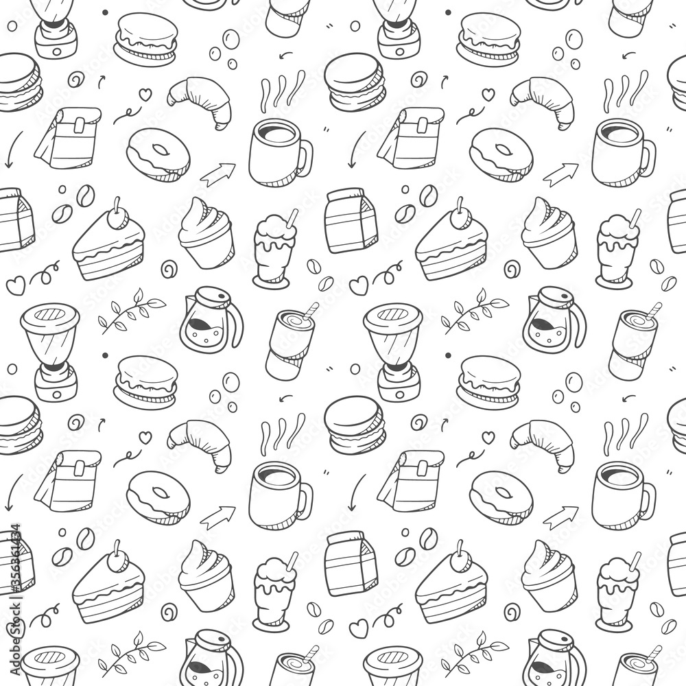 Coffee cafe sketch seamless pattern. Cute vector illustration