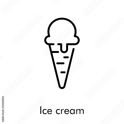 Símbolo helado en cono de galleta. Icono plano lineal con texto Ice cream en color negro
