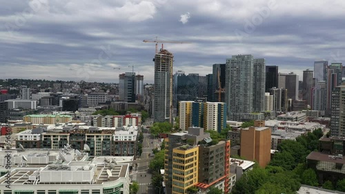 Drone footage of the Spire, a 41-story residential skyscraper in the Belltown neighborhood of Seattle downtown, in the commercial district of Seattle, Washington during the pandemic photo