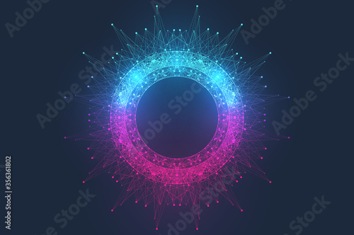 Quantum computer technology concept. Sphere explosion background. Deep learning artificial intelligence. Big data algorithms visualization. Waves flow. Quantum explosion, vector illustration.