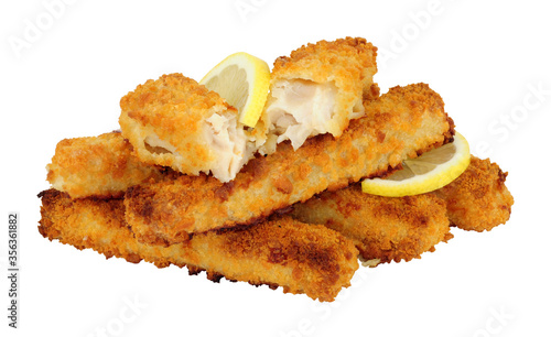 Принти на полотні Group of jumbo breadcrumb covered cod fish fingers isolated on a white backgroun