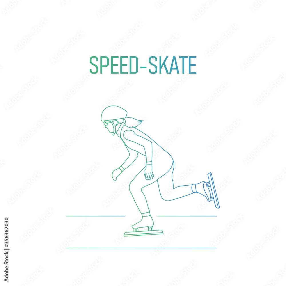 Female speed skater in action. Ice skating sport icon. Sportswoman sign. Speed symbol. Endurance training. Winter season activity. Seasonal sports. Young athlete - vector line art logo illustration.