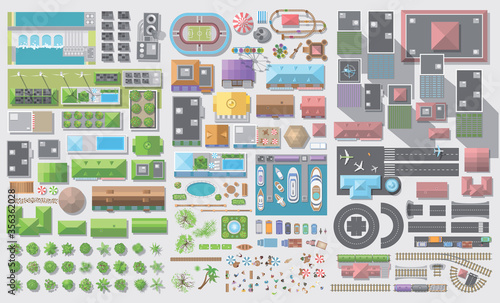 Set of landscape elements. City. (Top view) Trees, houses, buildings, skyscrapers, attractions, railroad, road, port, airport. (View from above)
