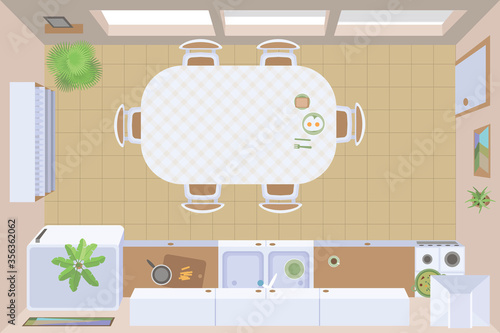 Isolated Vector Illustration. Kitchen view from above.
Kitchen table and chairs, stove, sink, cupboards, fridge. Top view.