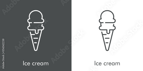 Símbolo helado en cono de galleta. Icono plano lineal con texto Ice cream en fondo gris y fondo blanco