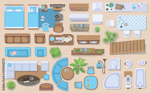Icons set of interior (top view). Isolated Vector Illustration. Furniture and elements for living room, bedroom, kitchen, bathroom. Floor plan (view from above). Furniture store.