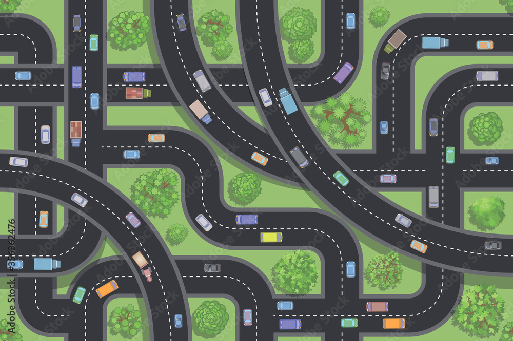Seamless pattern. Roads and transport. (Top view) 
Vector illustration. Crossroads with flyovers. (View from above)