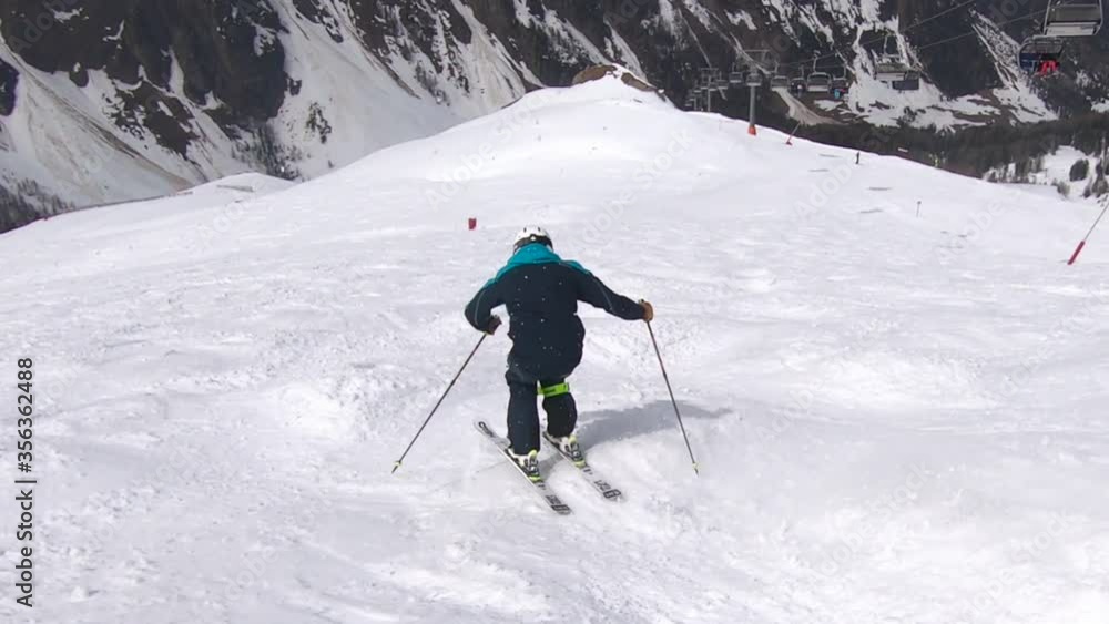 Skiing mogules fast and in control on a steep ski slope. Bumbs skiing with great ski technique. Skiing mogules fast and in control on a steep ski slope. Bumbs skiing with great ski technique.