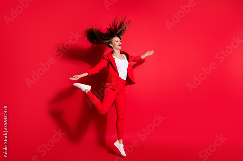 Photography Full length profile photo of attractive worker lady having fun jumping high up g