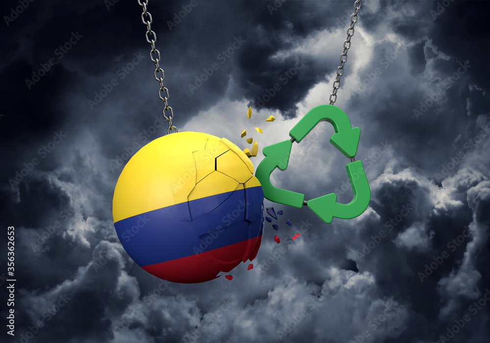Obraz premium Green recycle symbol crashing into a Colombia flag ball. 3D Rendering