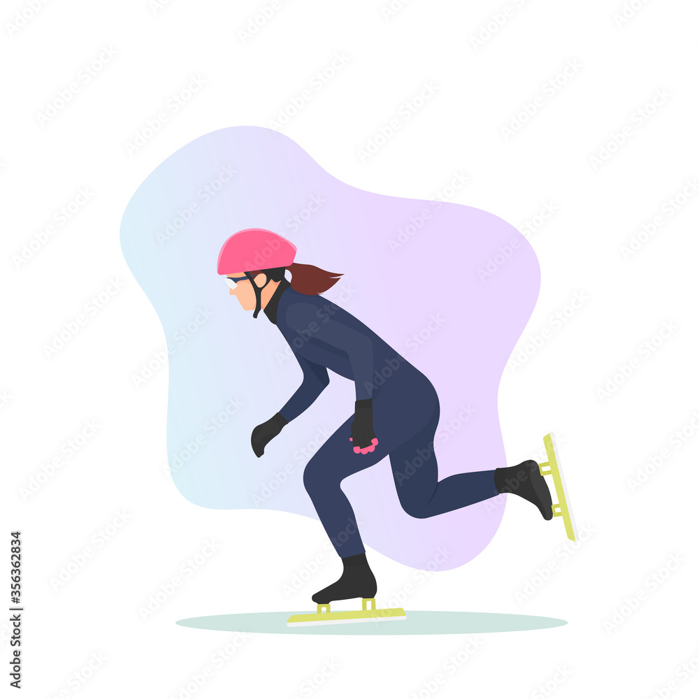 Female speed skater in action. Ice skating sport icon. Sportswoman sign. Speed symbol. Endurance training. Winter season activity. Seasonal sports. Young athlete - Flat vector character illustration. Female speed skater in action. Ice skating sport icon. Sportswoman sign. Speed symbol. Endurance training. Winter season activity. Seasonal sports. Young athlete - Flat vector character illustration.
