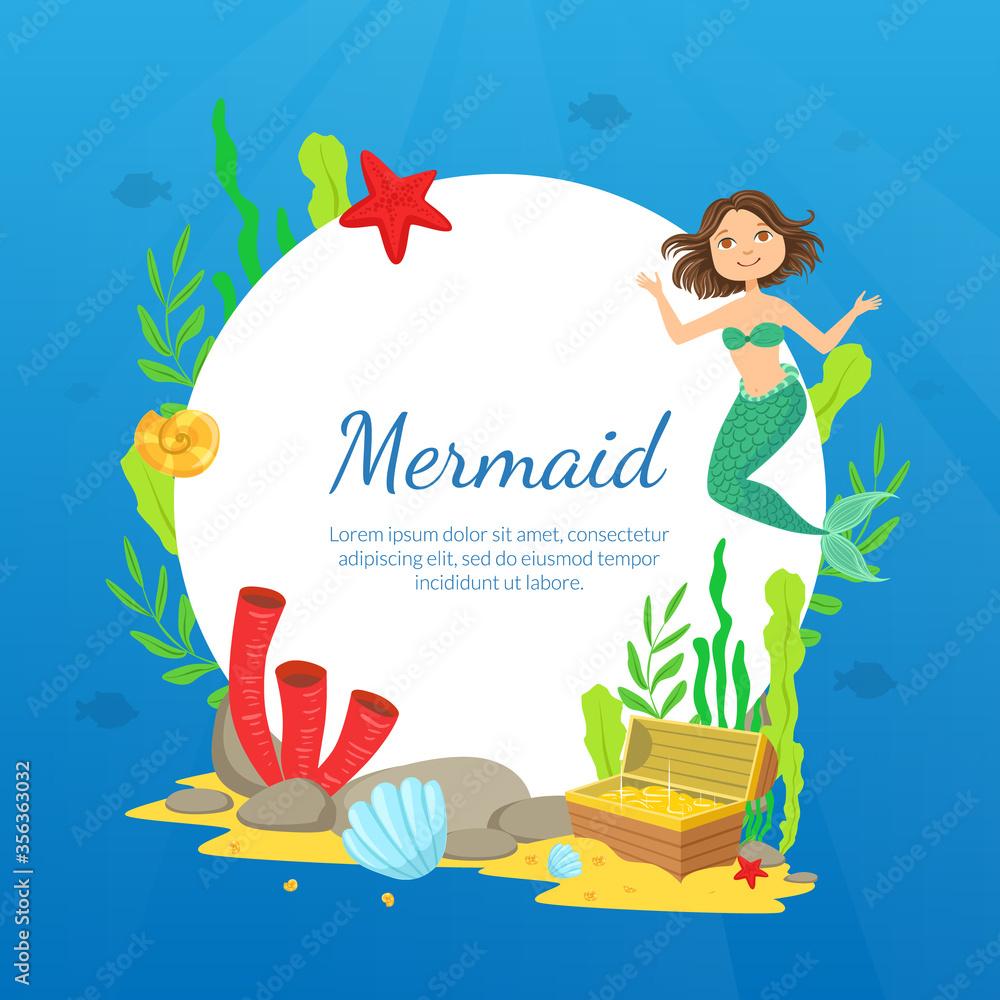 Mermaid Banner Template, Marine Life Marine Life with Cute Habitants and Plants, Under the Sea Theme Party Greeting or Invitation Card, Flyer Vector Illustration