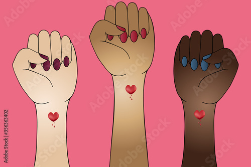 Feminine fists. Sign of protest. Stop racism. The struggle for rights and justice. Set of vector illustrations. Hands on an isolated pink background. On hands a tattoo a heart sign with a drop. 