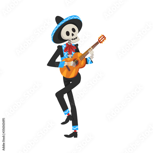 Male Skeleton in Mexican National Costume and Sombrero Hat Playing Guitar, Day of the Dead Dia de los Muertos Concept Vector Illustration