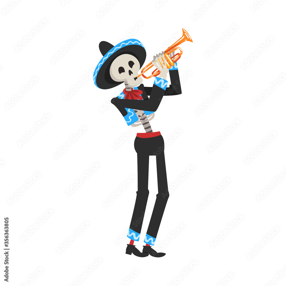 Male Skeleton in Mexican National Costume and Sombrero Hat Playing Trumpet, Day of the Dead Dia de los Muertos Concept Vector Illustration Male Skeleton in Mexican National Costume and Sombrero Hat Playing Trumpet, Day of the Dead Dia de los Muertos Concept Vector Illustration