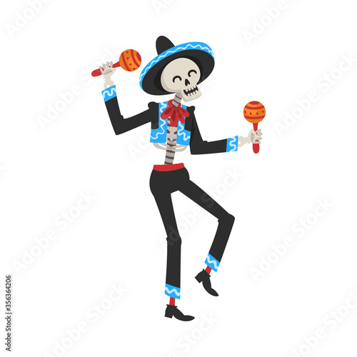 Male Skeleton in Mexican National Costume and Sombrero Hat Playing Maracas  Day of the Dead Dia de los Muertos Concept Vector Illustration