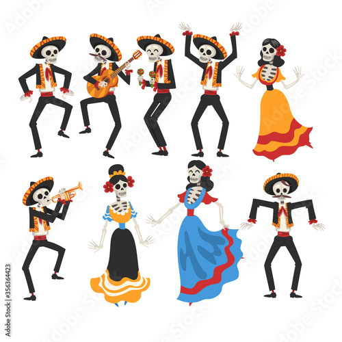 Skeletons in Mexican National Costumes and Sombrero Hats Playing Music Instruments and Dancing, Day of the Dead Dia de los Muertos Concept Vector Illustration