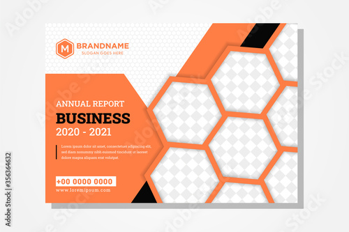 the design of annual report book cover for business use horizontal layout and combination four colors are orange, black, grey and black. Hexagon shape as space for photo collage and pattern. 