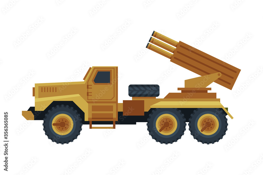 Multiple Rocket Launcher, Military Truck with Intercontinental Ballistic Rocket, Army Machine Flat Vector Illustration Multiple Rocket Launcher, Military Truck with Intercontinental Ballistic Rocket, Army Machine Flat Vector Illustration