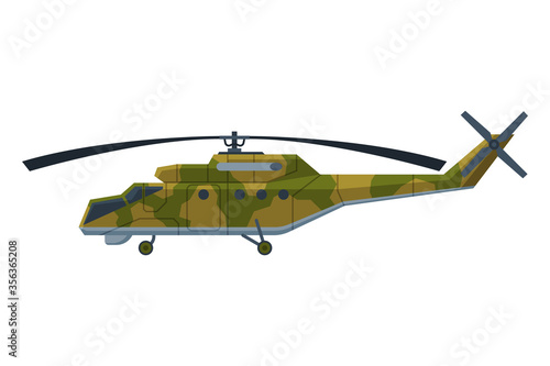 Military Camouflage Helicopter, Heavy Special Vehicle, War Transport Flat Vector Illustration