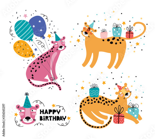 Happy birthday funny leopard or Jaguar. Jungle animal party. Wild animal character on holiday. Festive decoration, gifts, cap, balloon. Hand drawn vector illustration with greeting typography. Doodle.