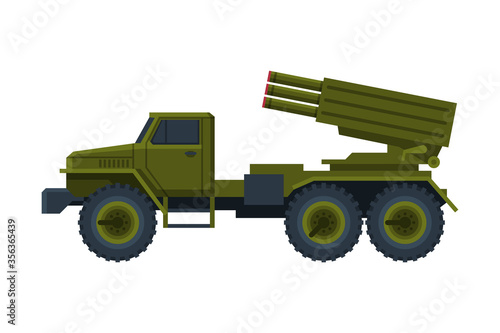Multiple Rocket Launcher, Military Truck with Intercontinental Ballistic Rocket Flat Vector Illustration