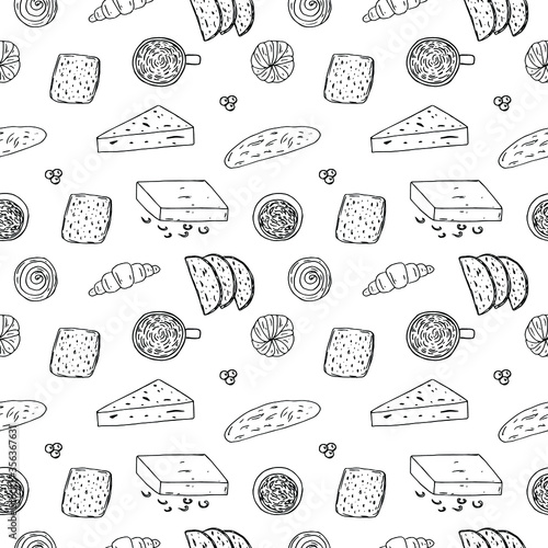 Danish breakfast seamless pattern, vector illustration, coffee, rolls, croissant, bread, butter, cheese, jam, berries, hand drawing