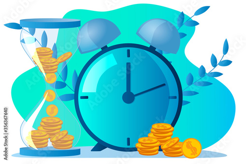 Hourglass, alarm clock and money.Time management, control of Finance, time is money.Flat vector illustration.