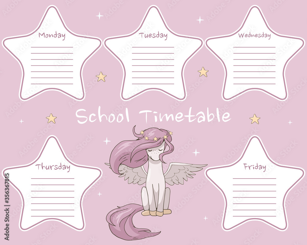 Timetable for school. Weekly planner template with cute cartoon pegasus and star shaped patterns. Vector illustration. Lessons schedule for girls. Gentle pink pastel colors.