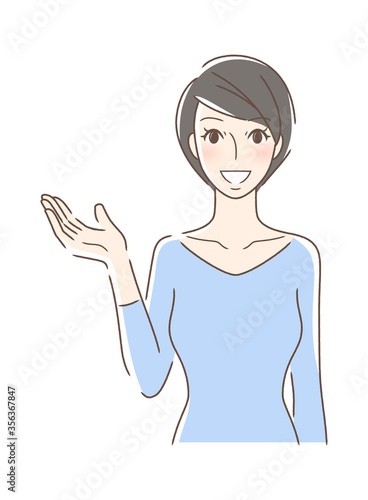 笑顔で手を差し出す正面向きの女性