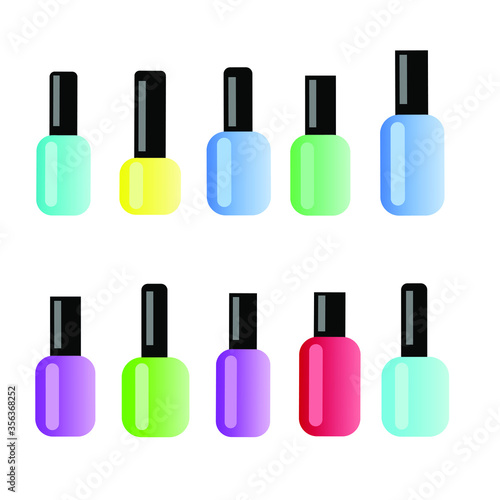 Vector illustration. A large set of bottles. Bottles with nail polish. Red, blue and purple, yellow, green.