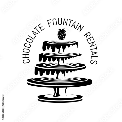 Four tier chocolate fountain with strawberry on top. Vector logo or label for fondue.